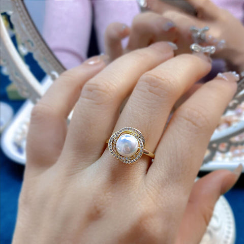 Adjustable Zircon Flower Pearl Ring