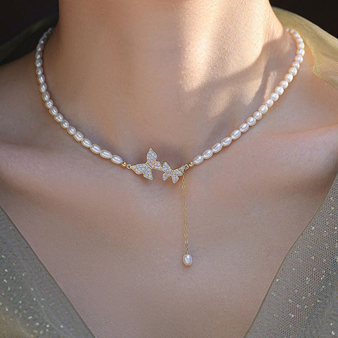 Gorgeous Elegant Rice Pearl Butterfly Necklace