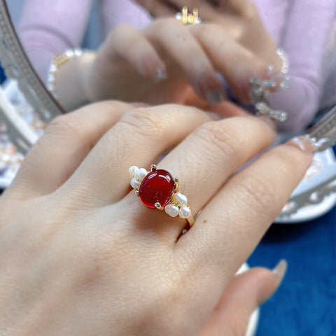 Adjustable Pearl Red Ring