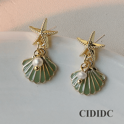 Green Shell White Pearl Earrings