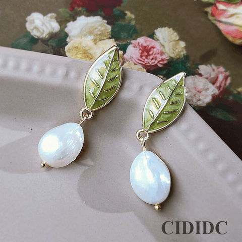 White Pearl Green Leaf Earrings