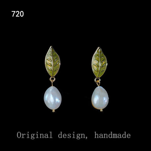 White Pearl Green Leaf Earrings