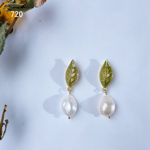 White Pearl Green Leaf Earrings