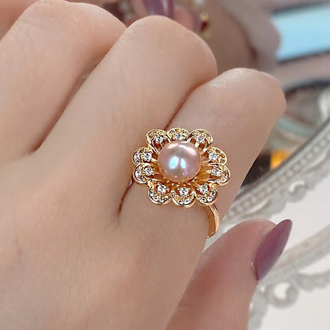 Titanium Steel Gold, Zircon Sunflower Ring, Big Champagne Genuine Pearl