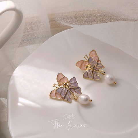 Pink & Purple Butterfly Pearl Earrings