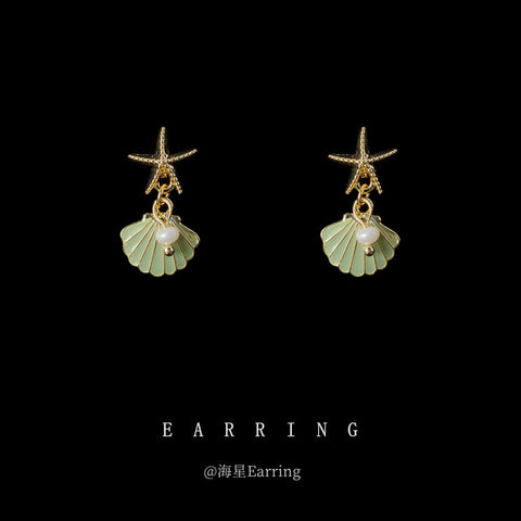 Green Shell White Pearl Earrings