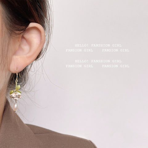 White Flower Green Leaf Earrings