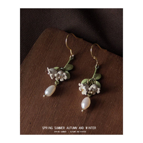 White Flower Green Leaf Earrings