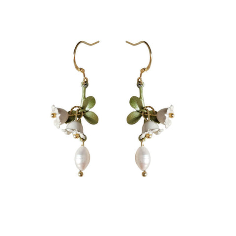 White Flower Green Leaf Earrings