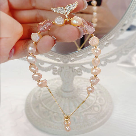 Adjustable Genuine Pearl/Rose Quartz Bracelet with a Beautiful Zircon Mermaid Tail