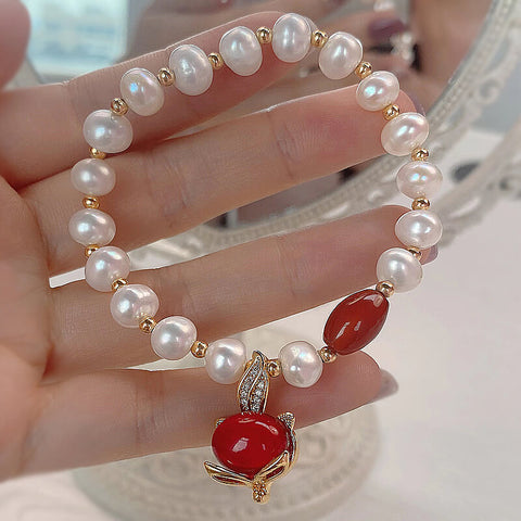 Real Pearl/ Garnet Bracelet with a Sexy Ruby Fox